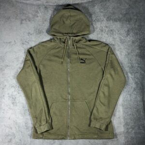 Puma Men’s Khaki Green Full Zip Hoodie Size M Sports Logo Sweatshirt