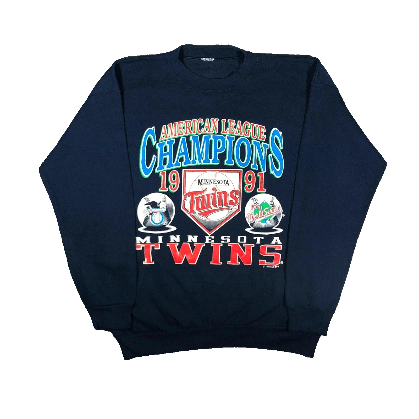 Vintage 90s Minnesota Twins 1991 Champions navy baseball crewneck sweatshirt L
