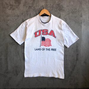 Vintage 90s USA “Land of the Free” light grey striped single stitch tee S