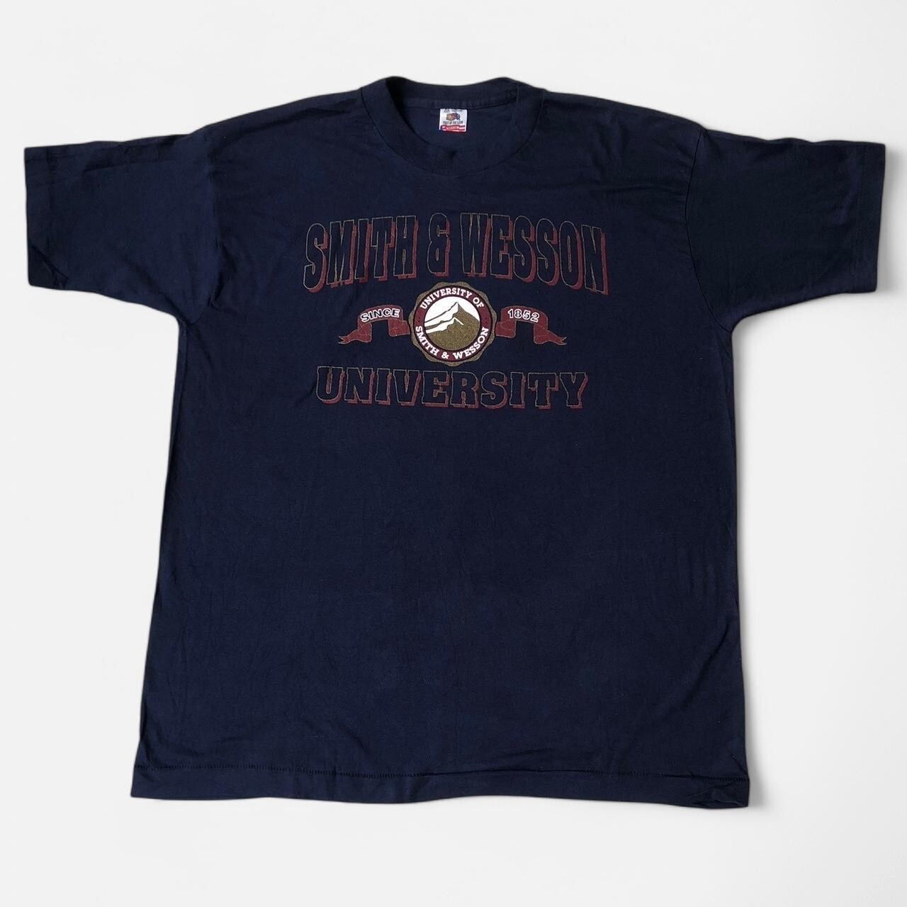 Vintage 90s Smith & Wesson University 1852 single stitch navy blue tee SIZE XL
