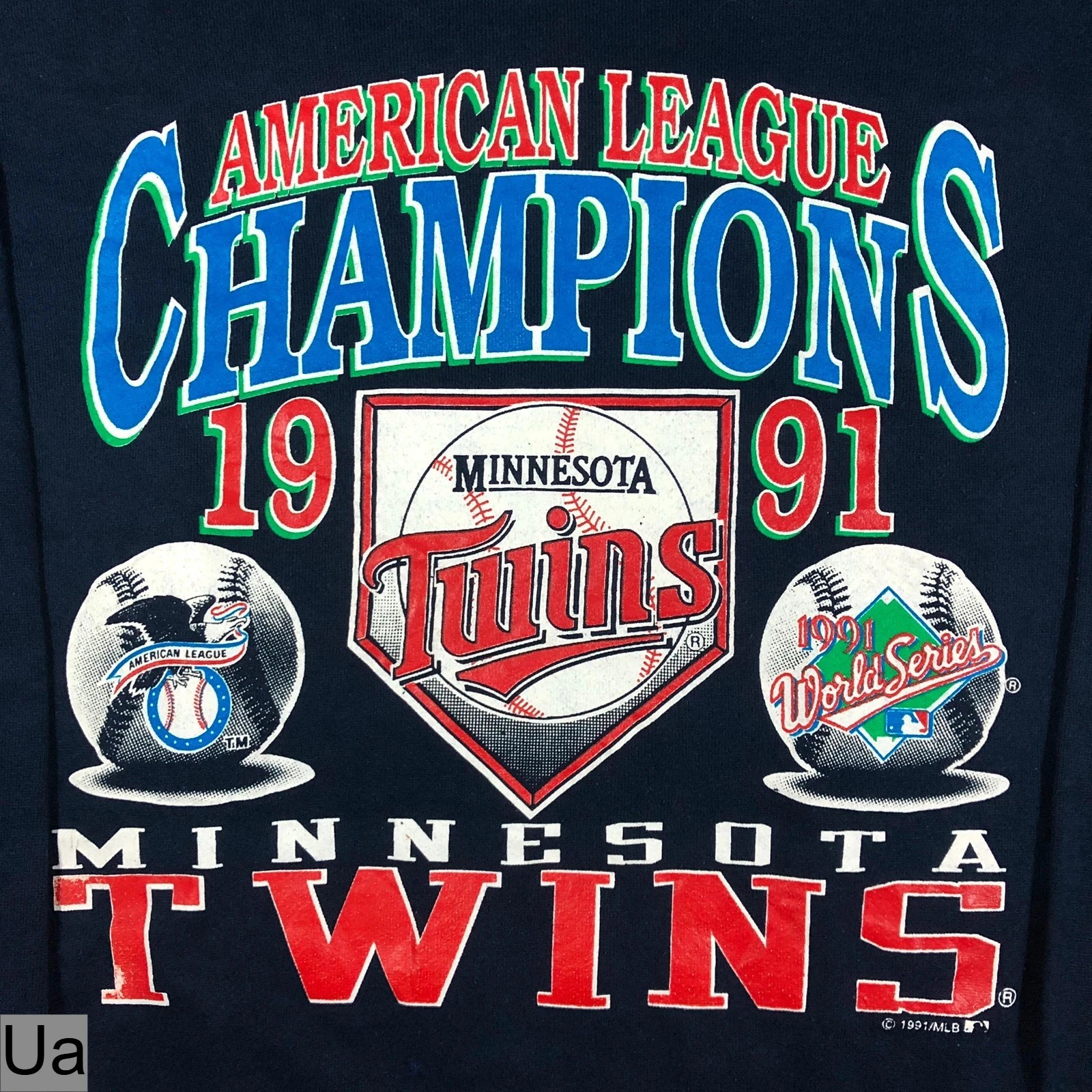 Vintage 90s Minnesota Twins 1991 Champions navy baseball crewneck sweatshirt L - Image 2